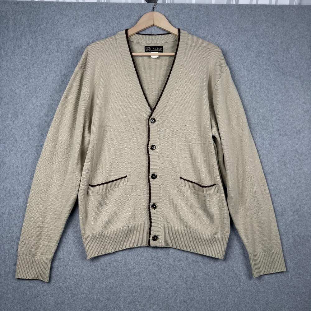 Haband Cardigan Sweater Mens Small Beige‎ V Neck Button Up Grandpacore Academia